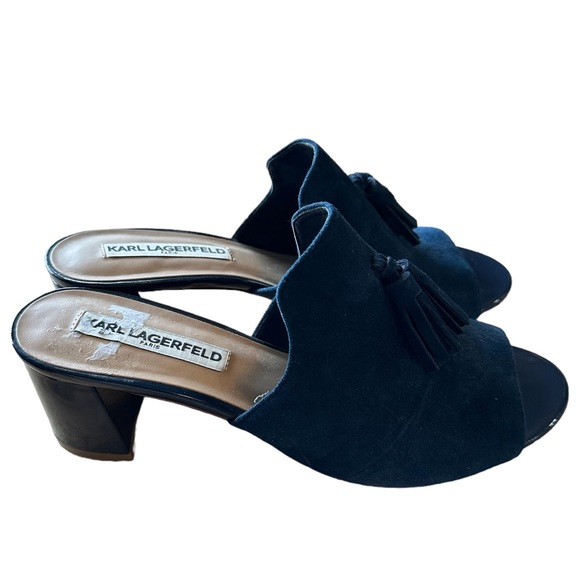 KARL LAGERFELD Designer Mules Slip On Hettie Chunky Heel Suede Tassel Size 8 - Picture 3 of 7